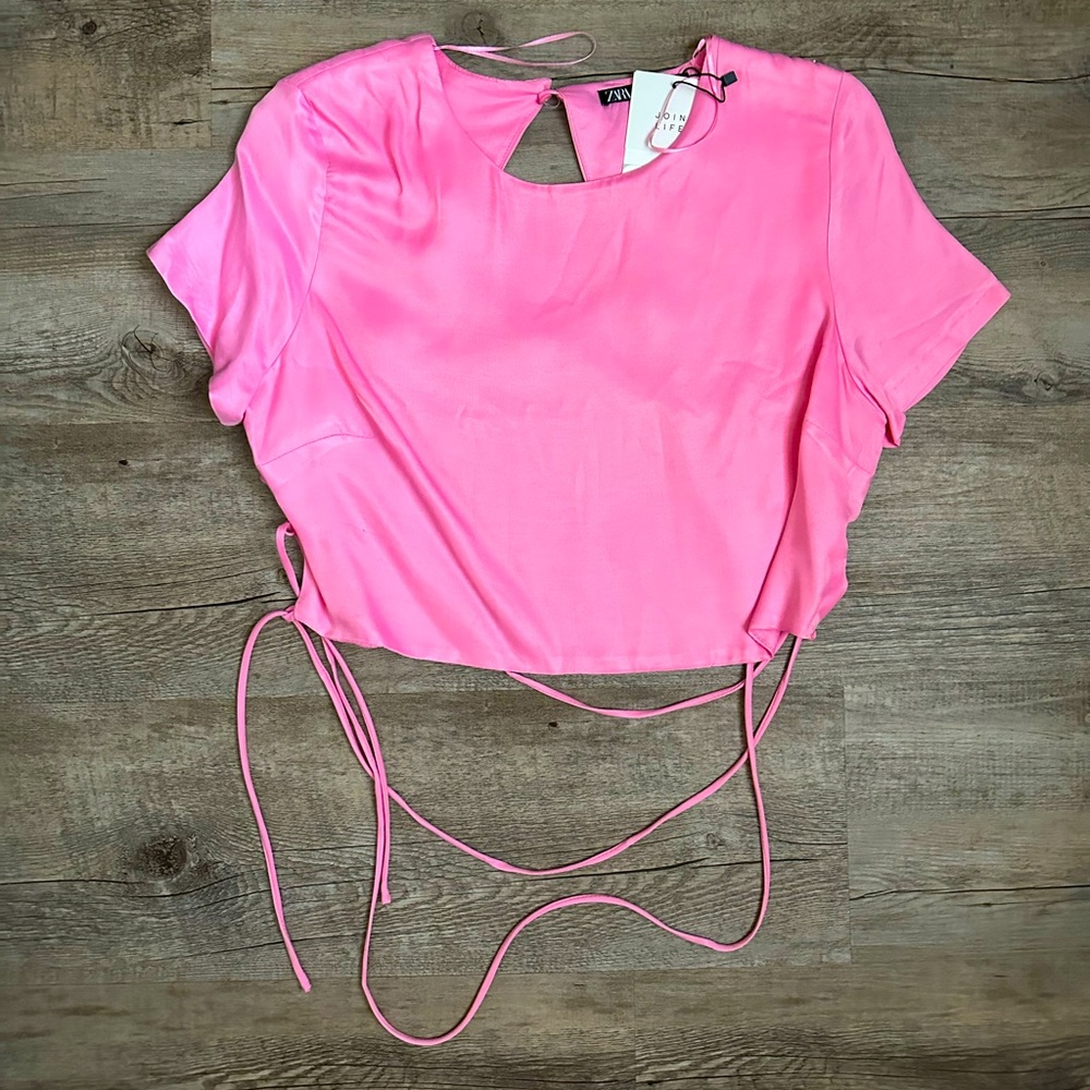 NWT Barbie pink satin Zara open back top